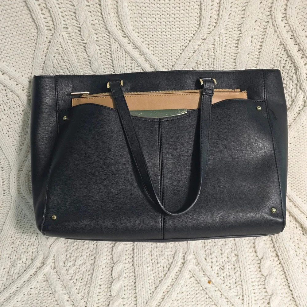 Ann Taylor Tote Laptop Bag Black Tan Faux Leather Work Office Elegant‎ Designer